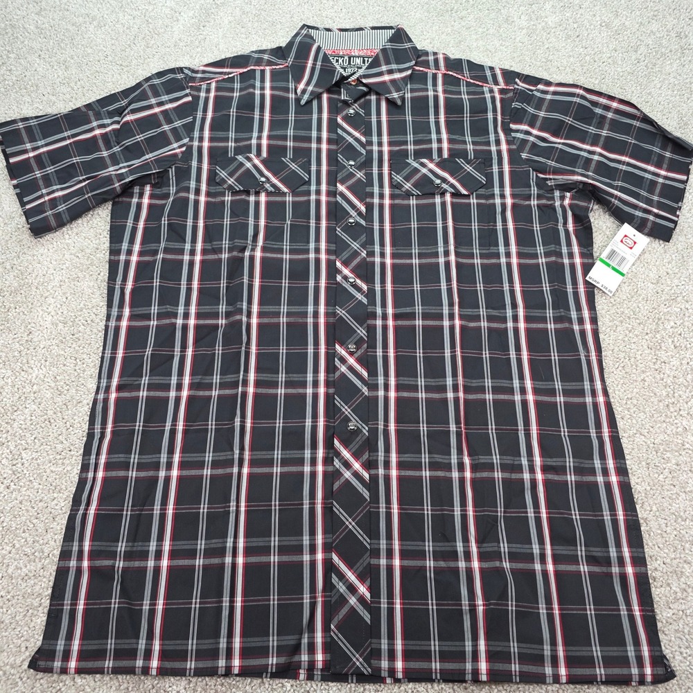 New Ecko Unltd Mens Large Plaid Western Snap Shirt Black Red EK02554 Cross Bronx